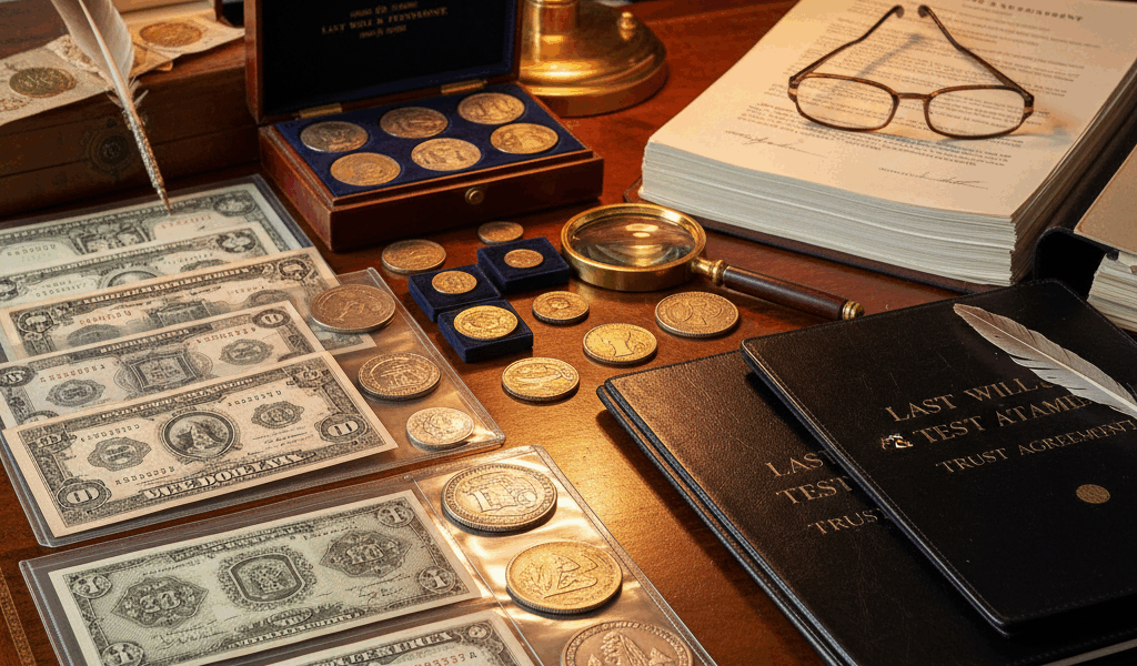 Vintage currency collection with estate planning documents