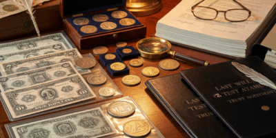 Vintage currency collection with estate planning documents