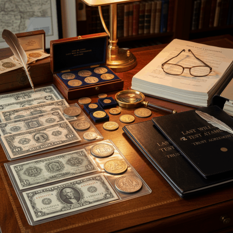 Vintage currency collection with estate planning documents