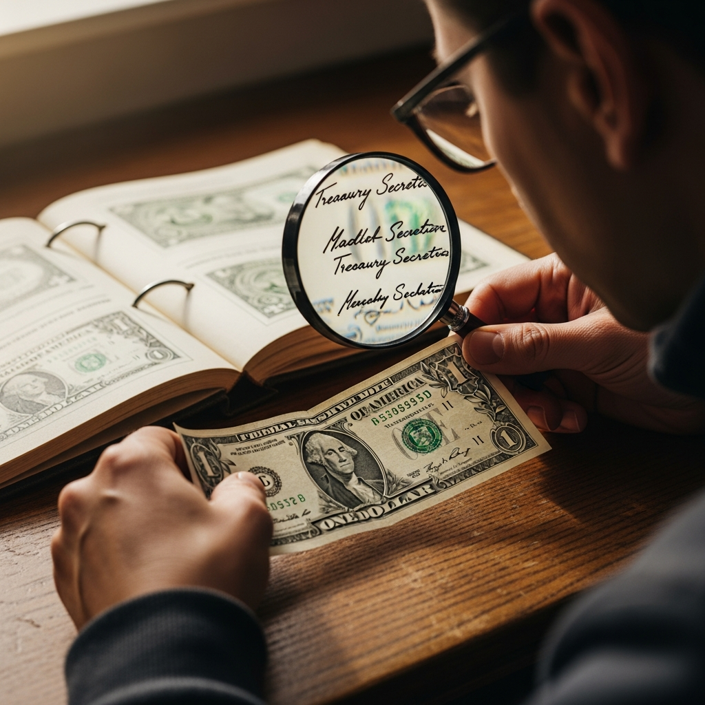 Collector examining Treasury Secretary signature pairs on vintage dollar bills with magnifying glass