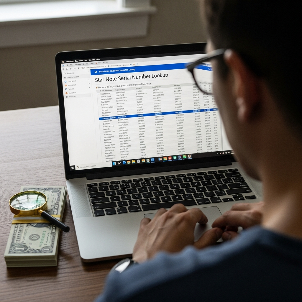 Collector looking up star note serial number print run data on laptop with uncirculated bills nearby