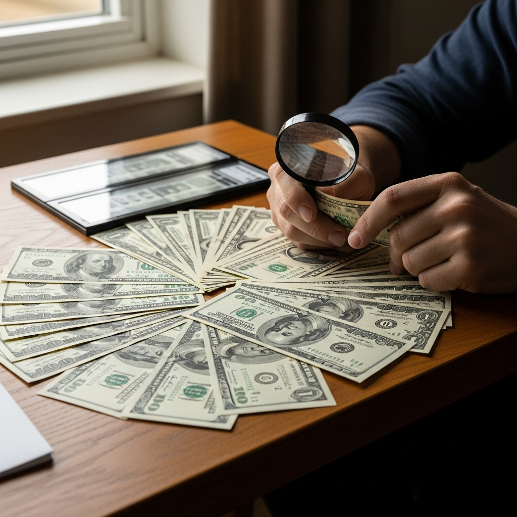 Dollar bills fanned out showing serial numbers with collector sorting by pattern type